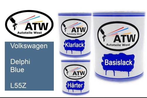 Volkswagen, Delphi Blue, L55Z: 1L Lackdose + 1L Klarlack + 500ml Härter - Set, von ATW Autoteile West.